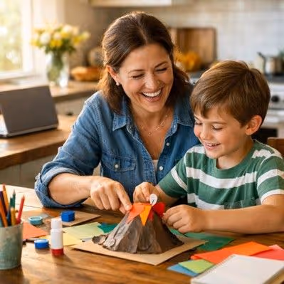 Woman and child crafting a volcano model at a kitchen table. Smiling, focused.