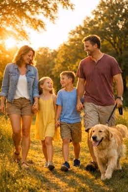Family walking with a golden retriever in a park, holding hands, smiling at each other with a sunset.