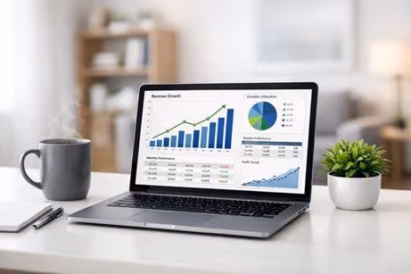 Laptop displaying financial graphs, with a coffee mug and plant on a desk.