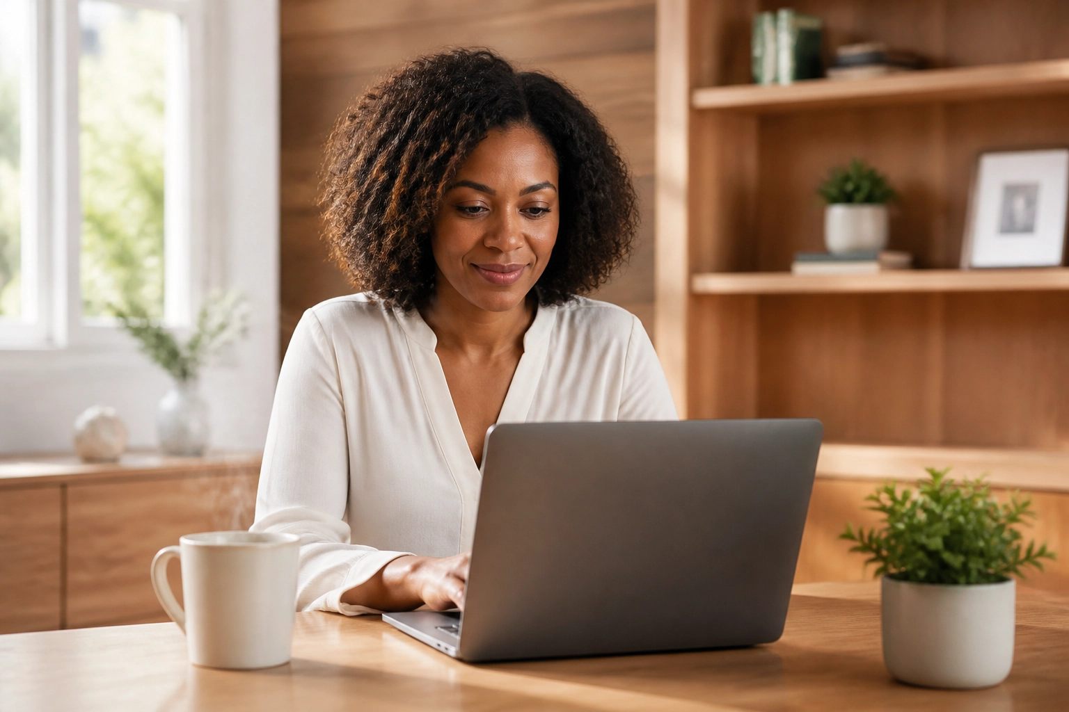 A small business owner feeling relieved in an organized home office while managing a simplified bookkeeping stack.