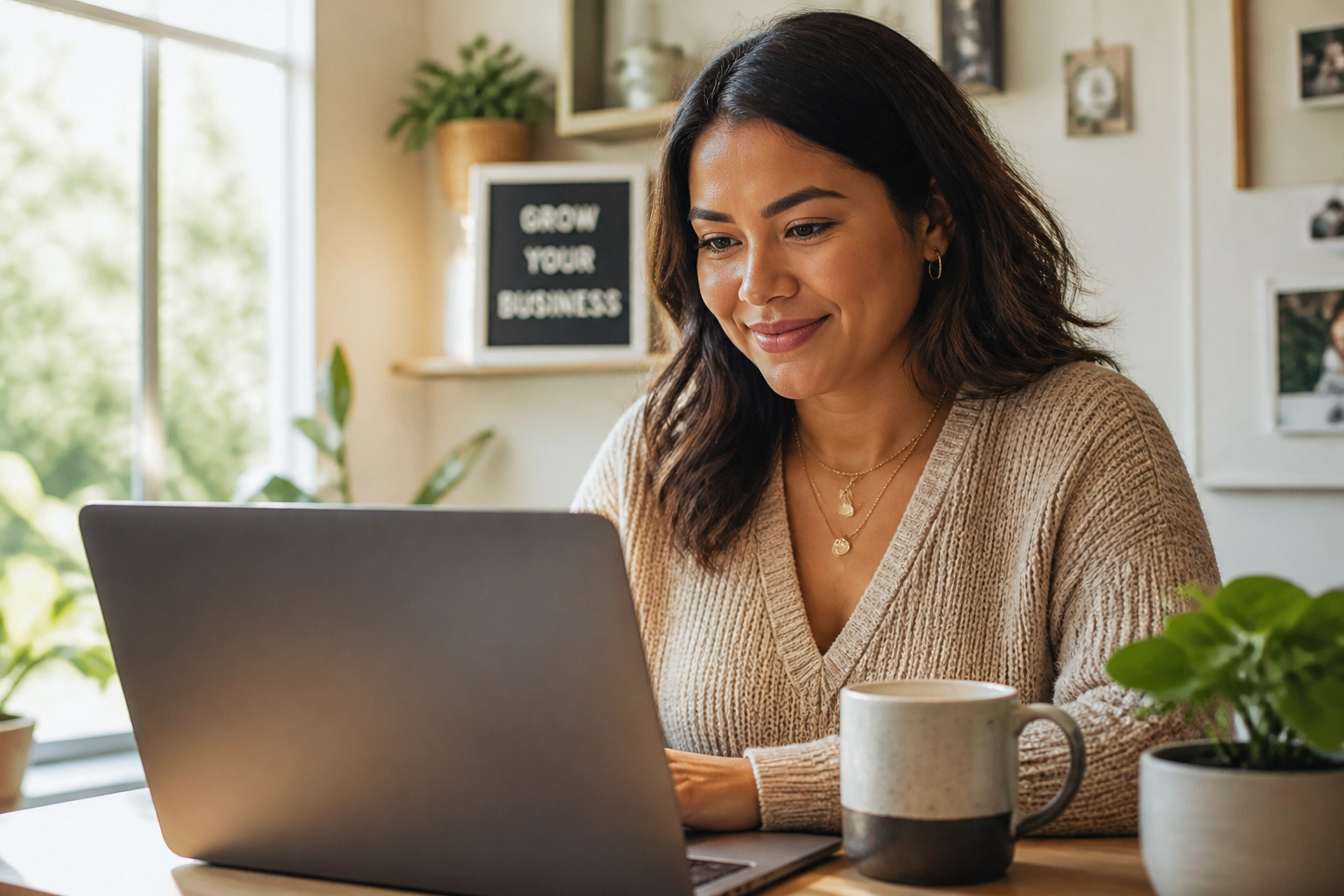 Small business owner smiling at a laptop in a bright home office, representing the peace of mind provided by virtual bookkeeping services.