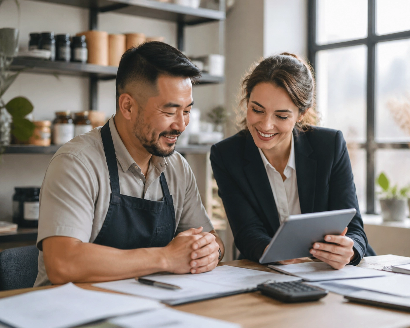 Small business owner and consultant reviewing financial reports on a tablet for growth.