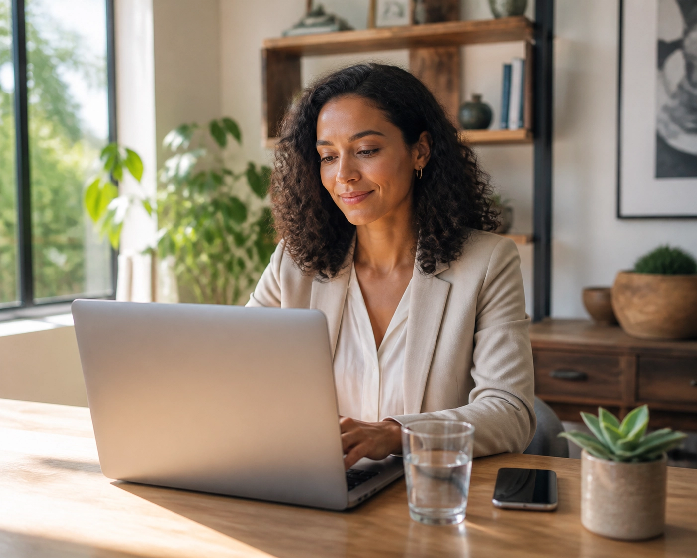 Small business owner in a sunlit office using AI bookkeeping automation to achieve financial peace.