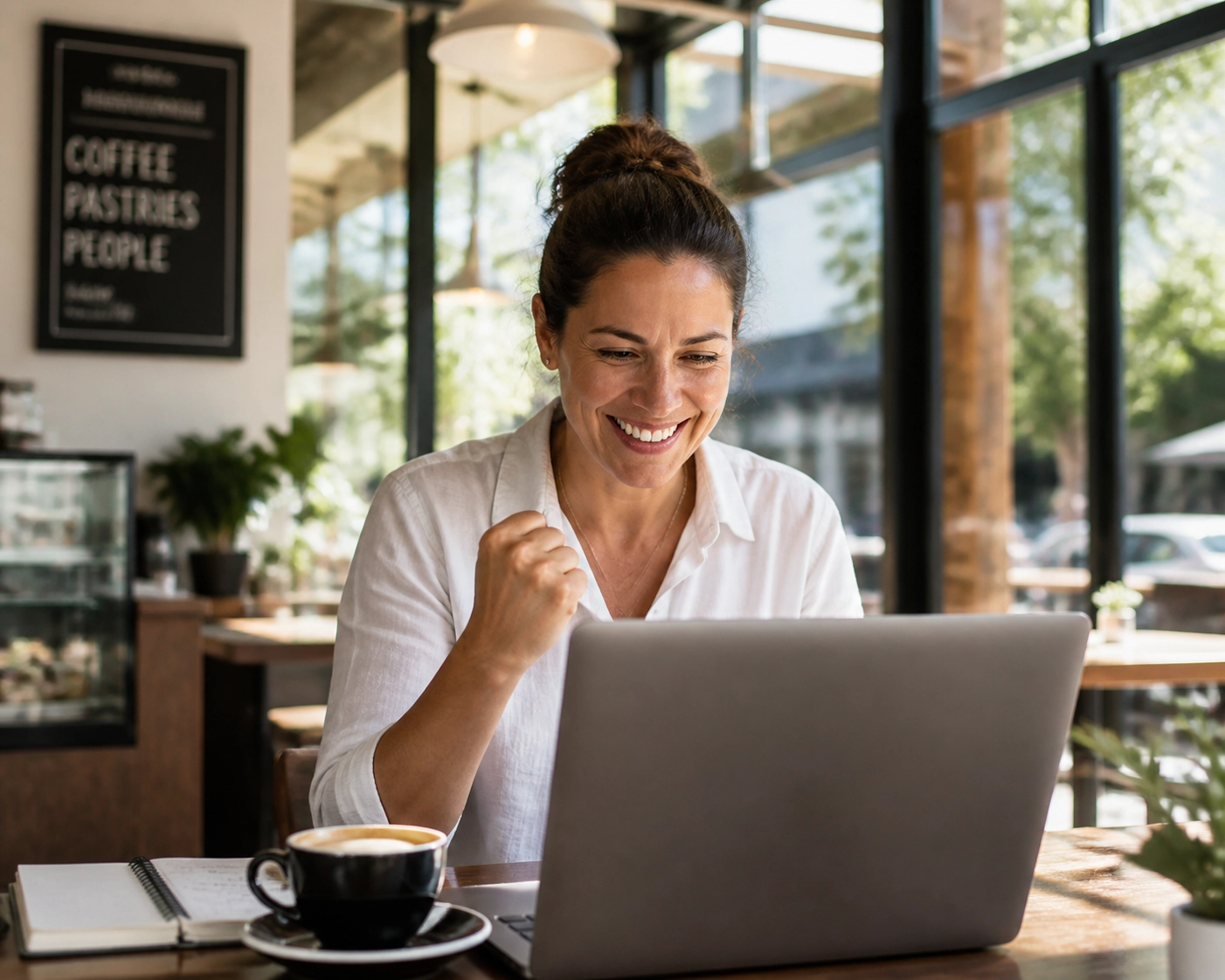 Small business owner smiling at a laptop, enjoying the benefits of virtual bookkeeping services.