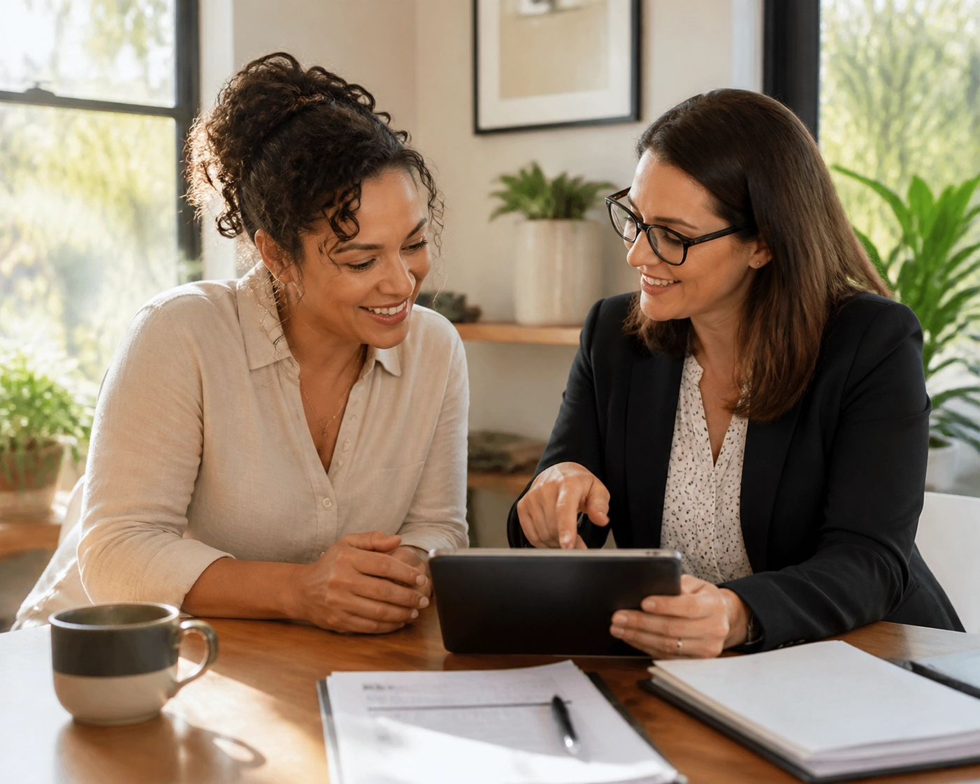 Entrepreneur and professional bookkeeper reviewing financial reports to outsource bookkeeping and reclaim time.