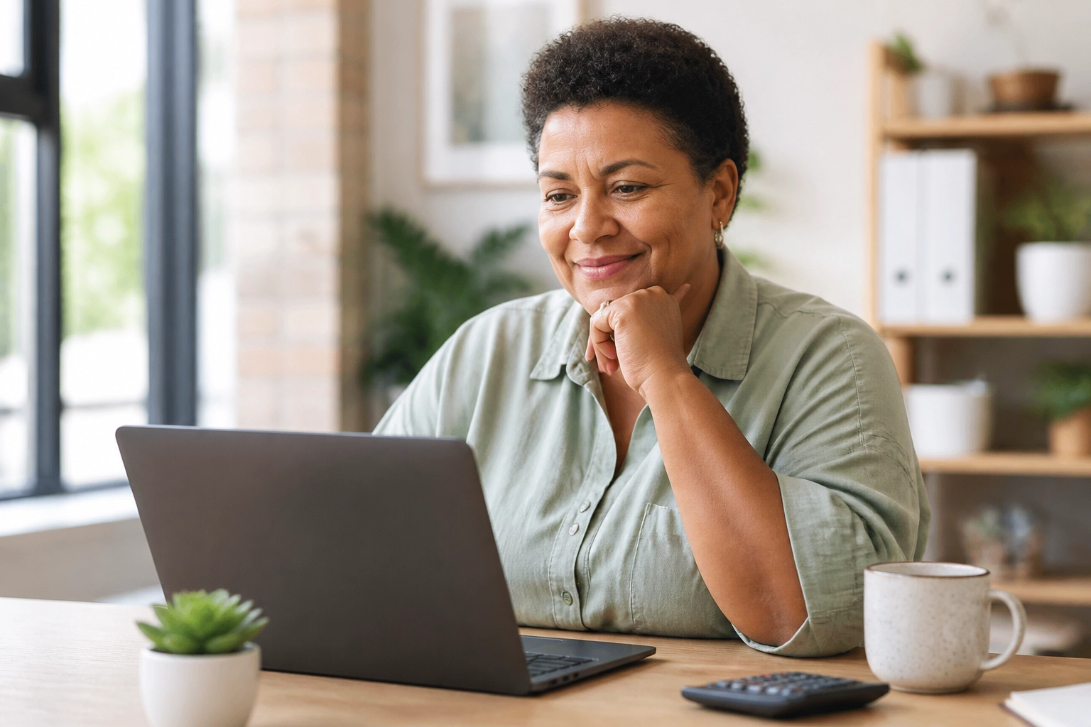 Small business owner finding financial clarity while managing bank reconciliation on a laptop in a modern office.