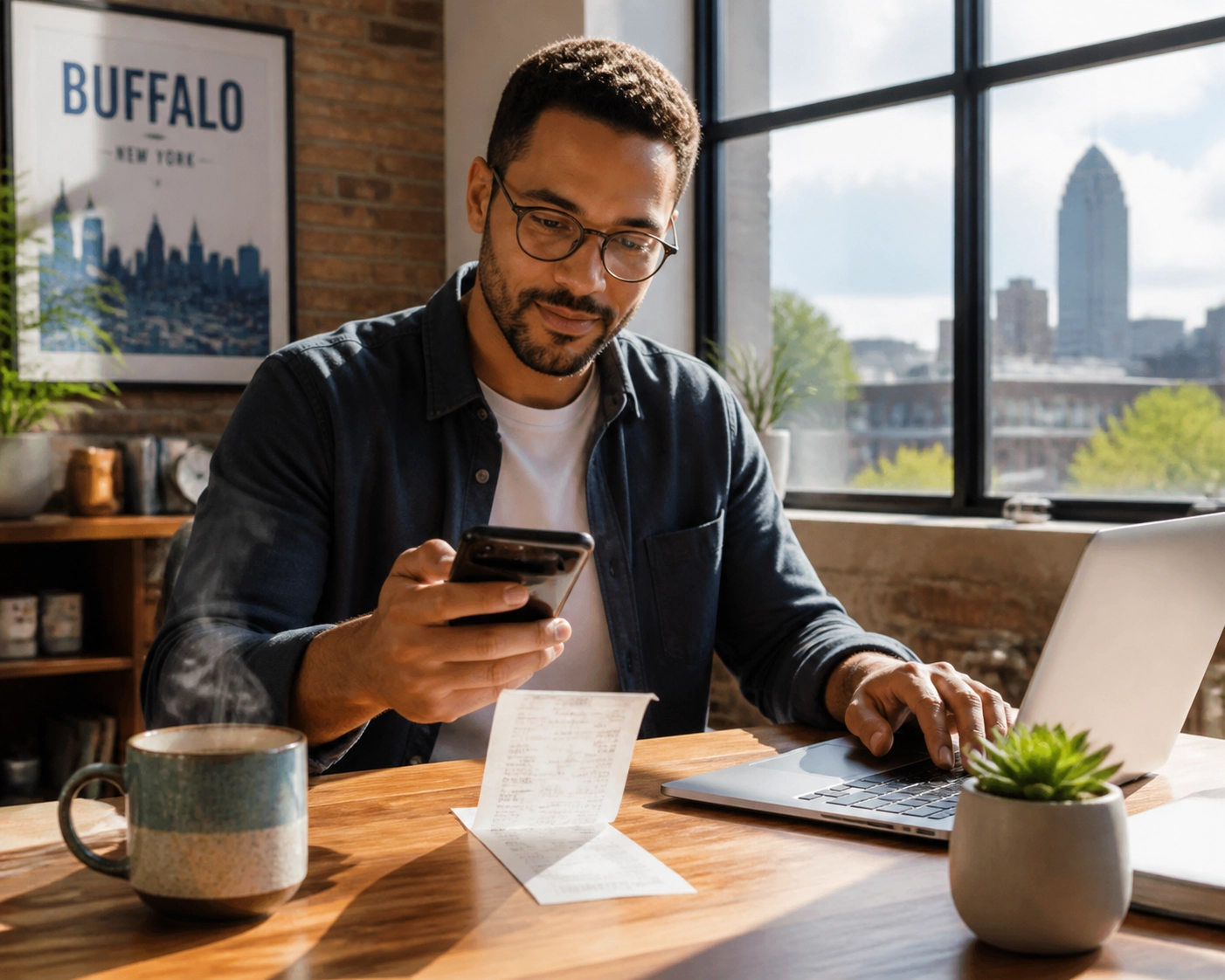 Small business owner scanning a receipt to ensure accurate small business bookkeeping and payroll entry records.