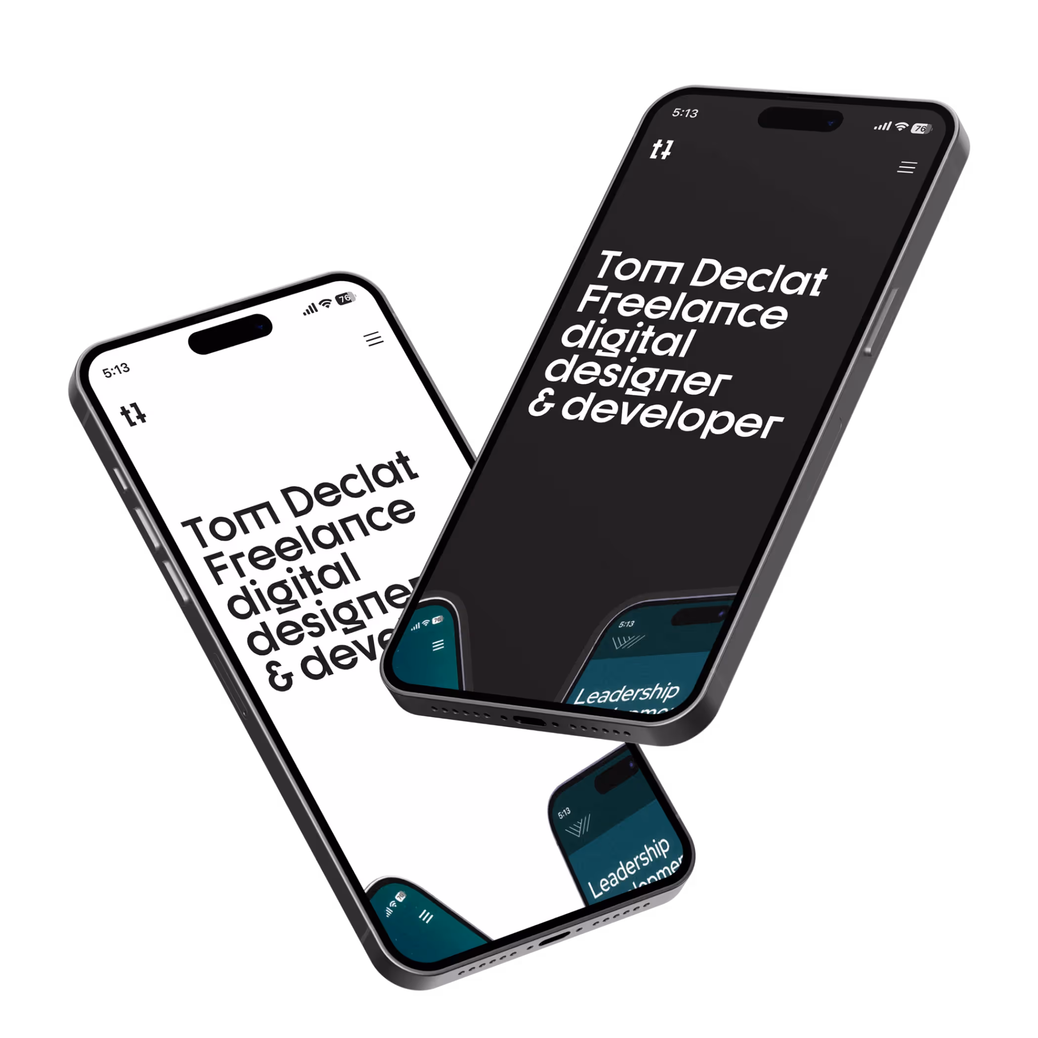 Two smartphones leaning against each other, displaying a digital business card for "Tom Declat, Freelance digital designer & developer." The screen shows a minimalistic design with a white background on one phone and a dark theme on the other. Icons and text suggest a user interface with sections like "Leadership."