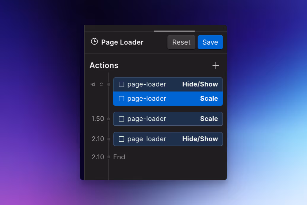 A screenshot of the Webflow animation panel