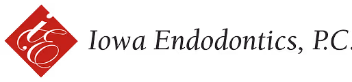 Iowa Endodontics, P.C. logo with stylized red diamond containing white italic letters te.