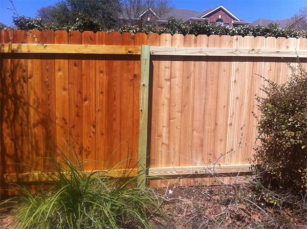 Freshly stained wood deck boards showing rich brown finish and wood grain detail