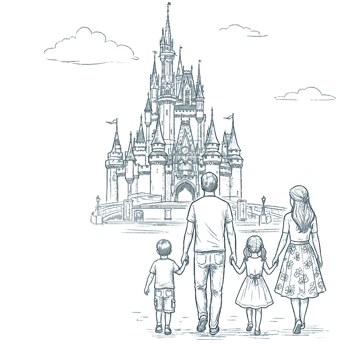 Illustration of a family of four holding hands facing a large castle with towers and flags.