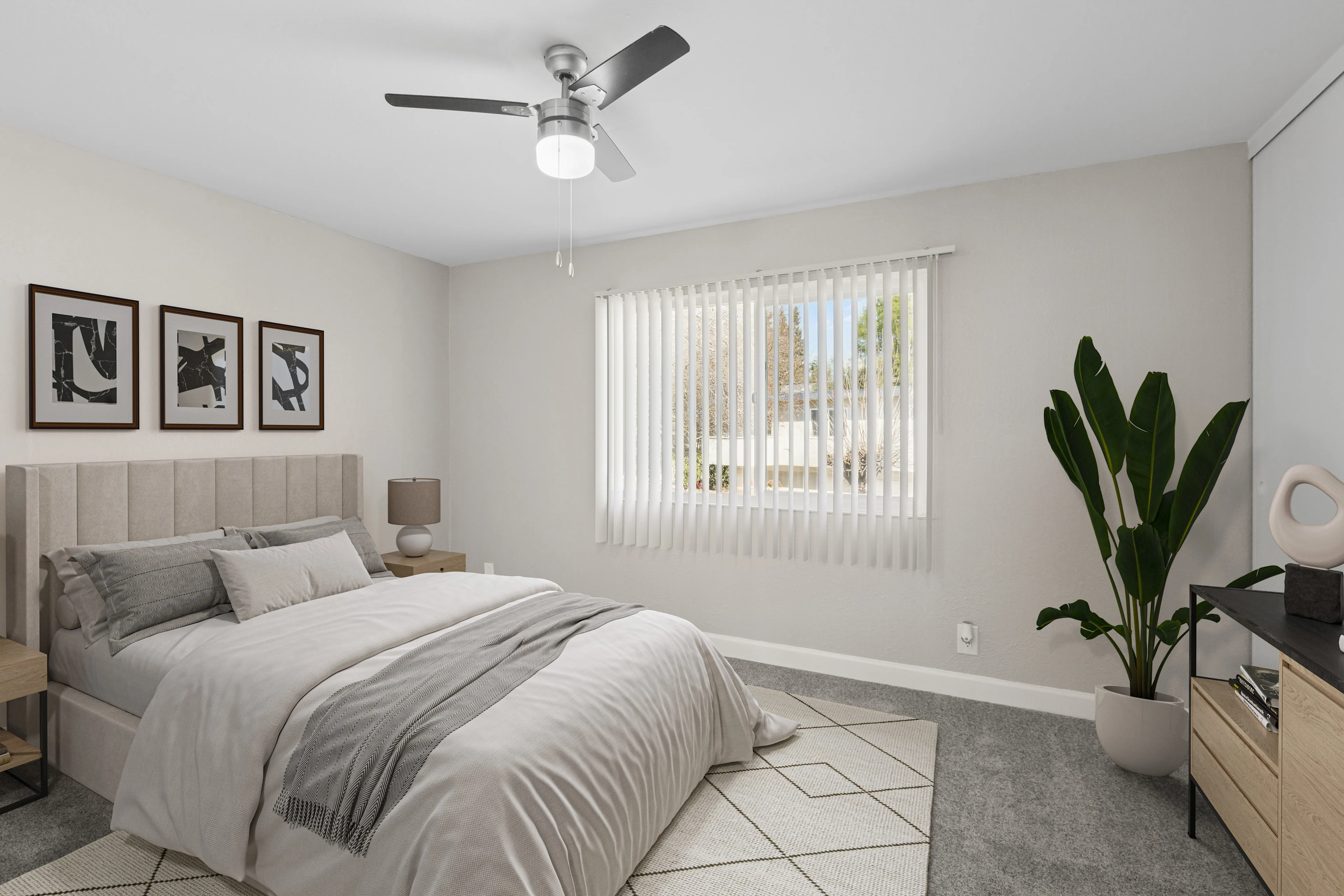 Bedroom with bed and large window