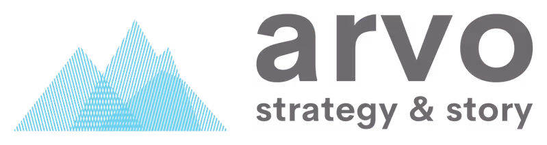 Blue stylized mountain peaks next to the text 'arvo strategy & story' in gray font.
