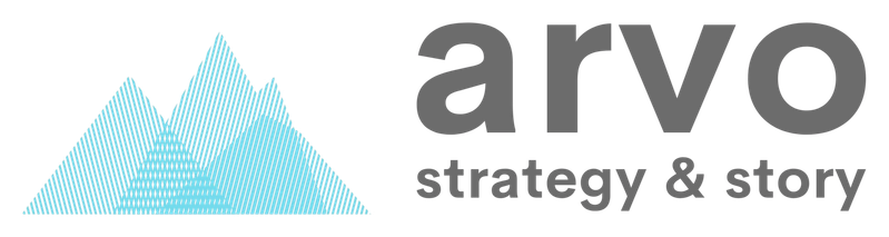 Blue stylized mountain peaks next to the text 'arvo strategy & story' in gray font.