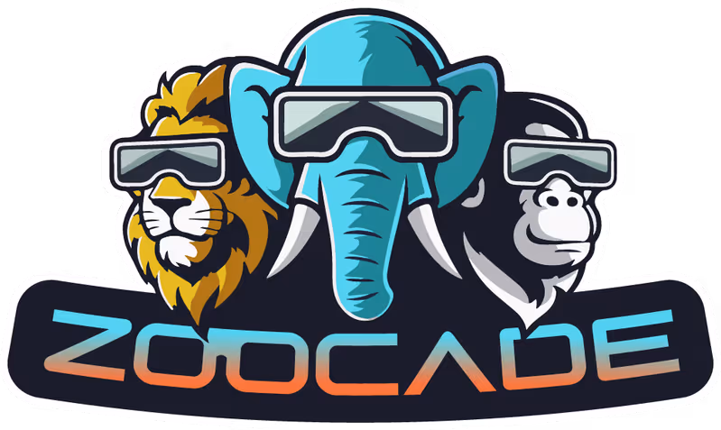 Logo with a lion, an elephant, and a gorilla wearing virtual reality headsets above the word ZOOCAVE.