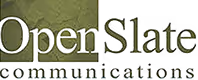OpenSlate Communications logo with stylized text in green and black.