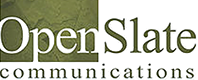 OpenSlate Communications logo with stylized text in green and black.