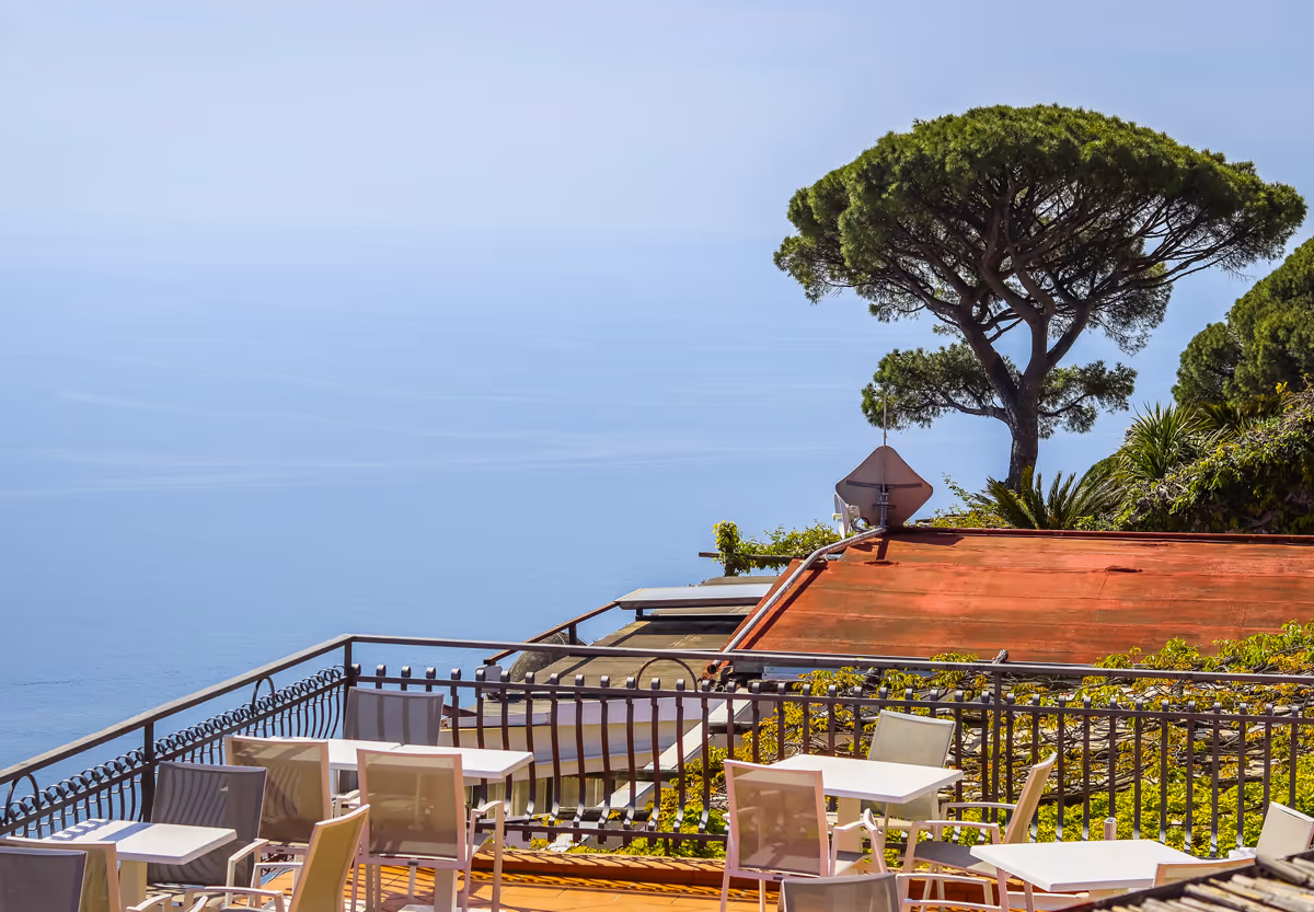 Outdoor terrace with empty tables and chairs overlooking calm sea and large tree on a sunny day.