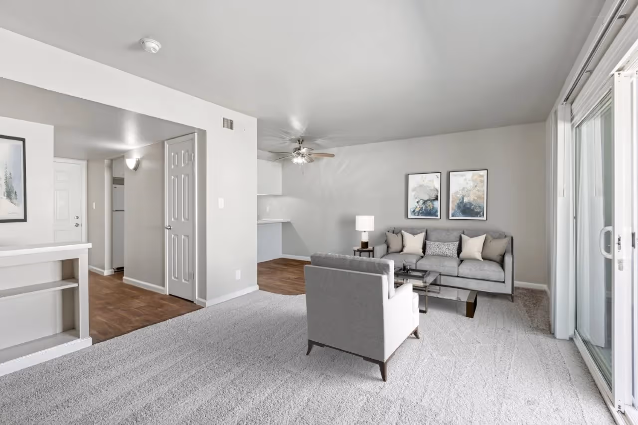 Wide view of living area and hallway