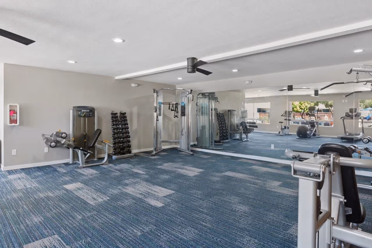 Gym treadmills, weights, and stair master featuring wall mirrors