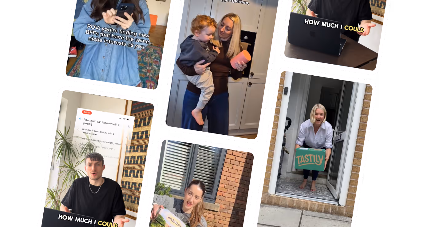 Collage of six photos showing people in casual settings, including a woman holding a phone with text about finding niche interest BFFs, a woman holding a toddler, a man at a laptop with text about how much he could, a man gesturing in front of a laptop with a search page, a woman holding a food box outdoors, and a woman smiling holding a Tastily delivery box at a doorstep.