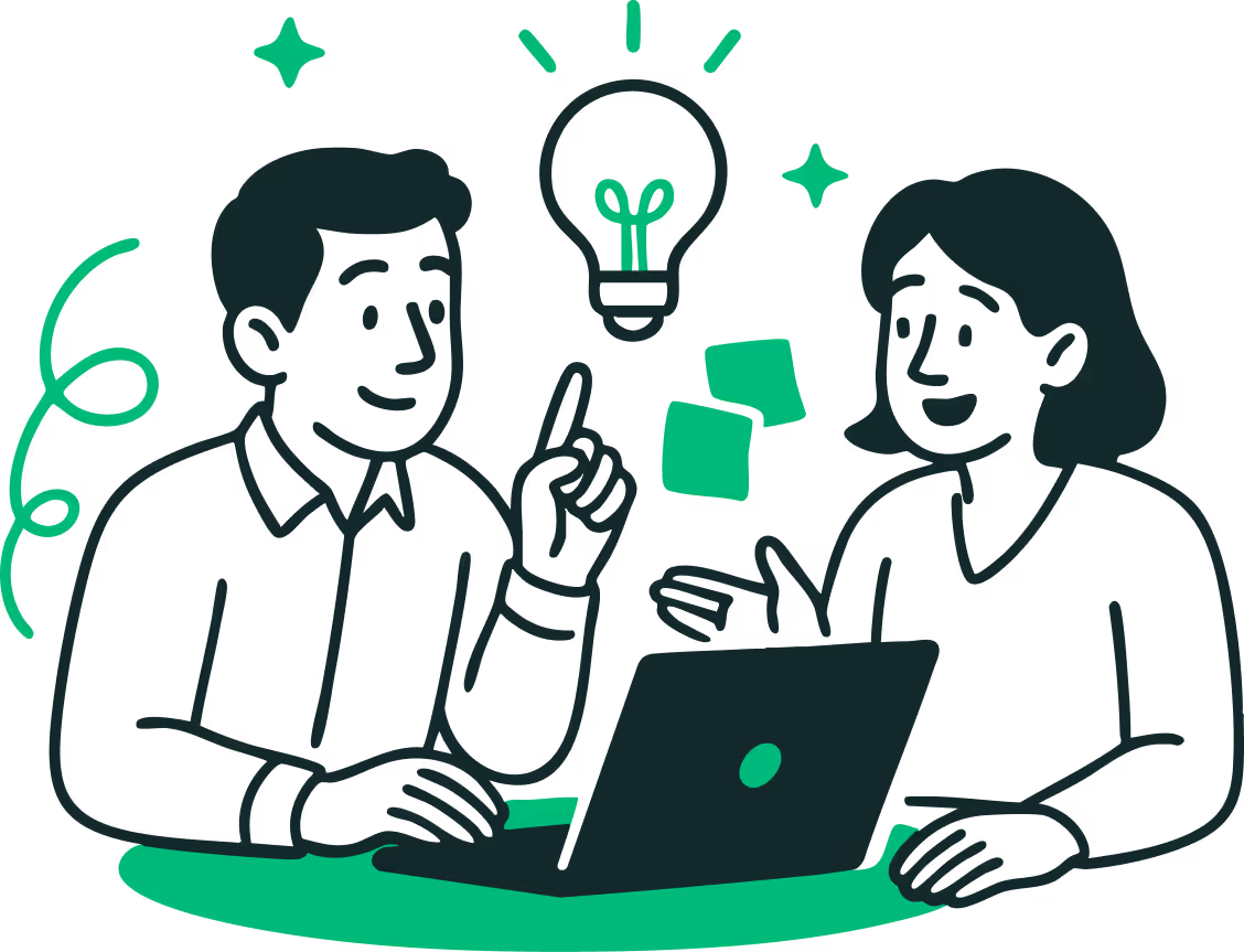 Illustration of a man and woman brainstorming ideas over a laptop with a glowing lightbulb above them.