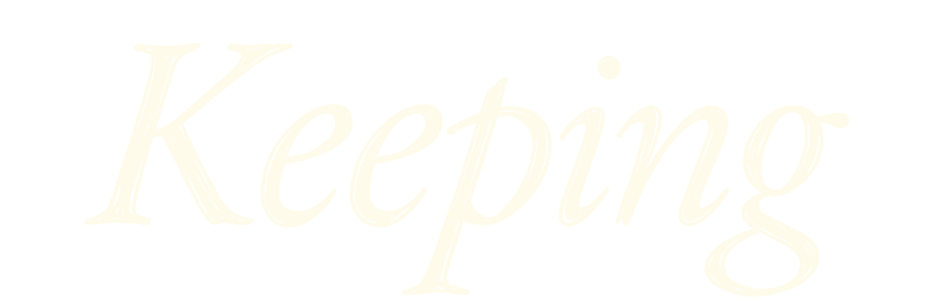 The word 'Keeping' in large, cream-colored cursive text on a textured black and gray background.