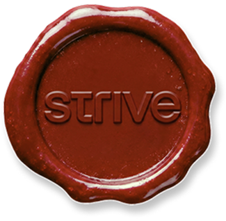 Red wax seal with the word 'strive' embossed in the center.