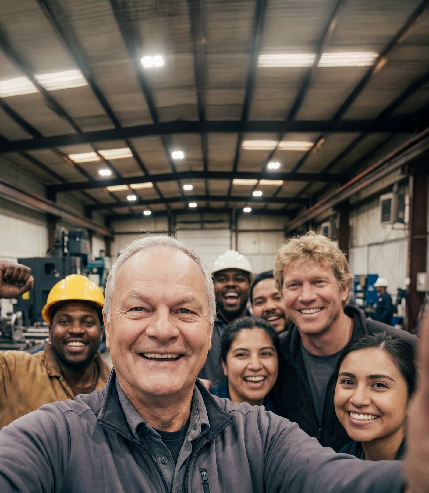 Diverse group of smiling factory workers taking a selfie inside an industrial workshop.
