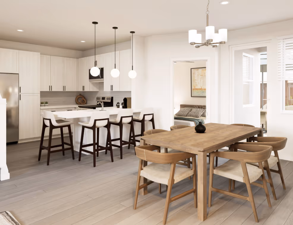 3D Rendering of dining area and kitchen with view into bedroom