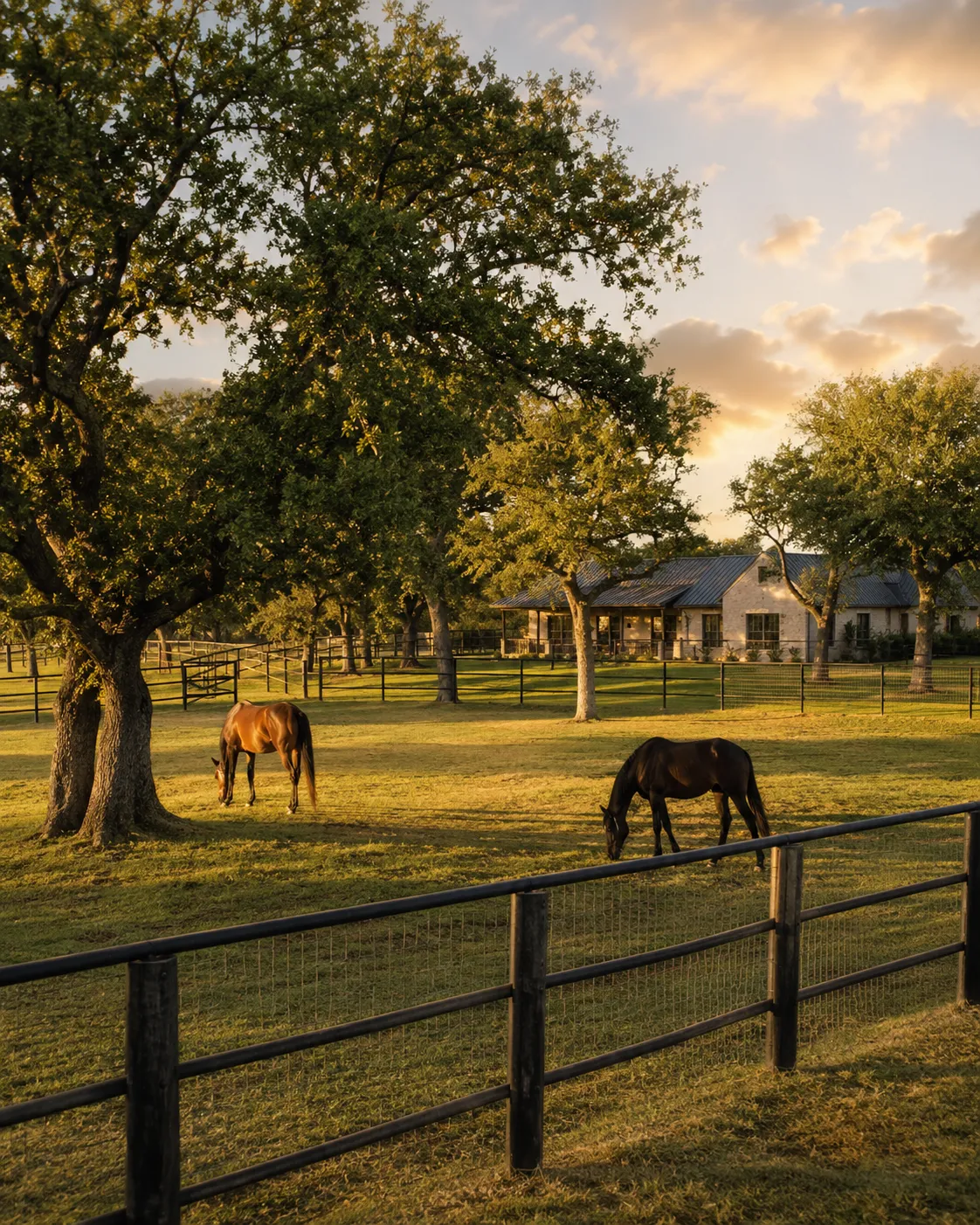 Horses grazing under oak trees beside a white farmhouse and pipe fencing at sunset