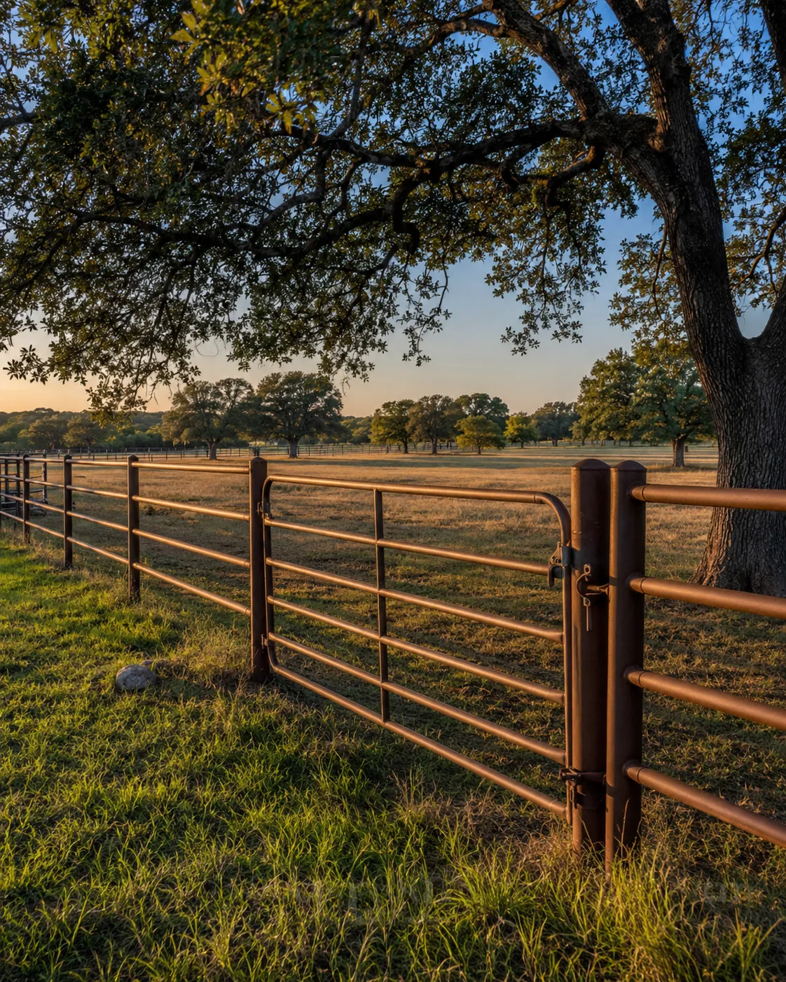 Pipe fence gate at sunset on rural acreage