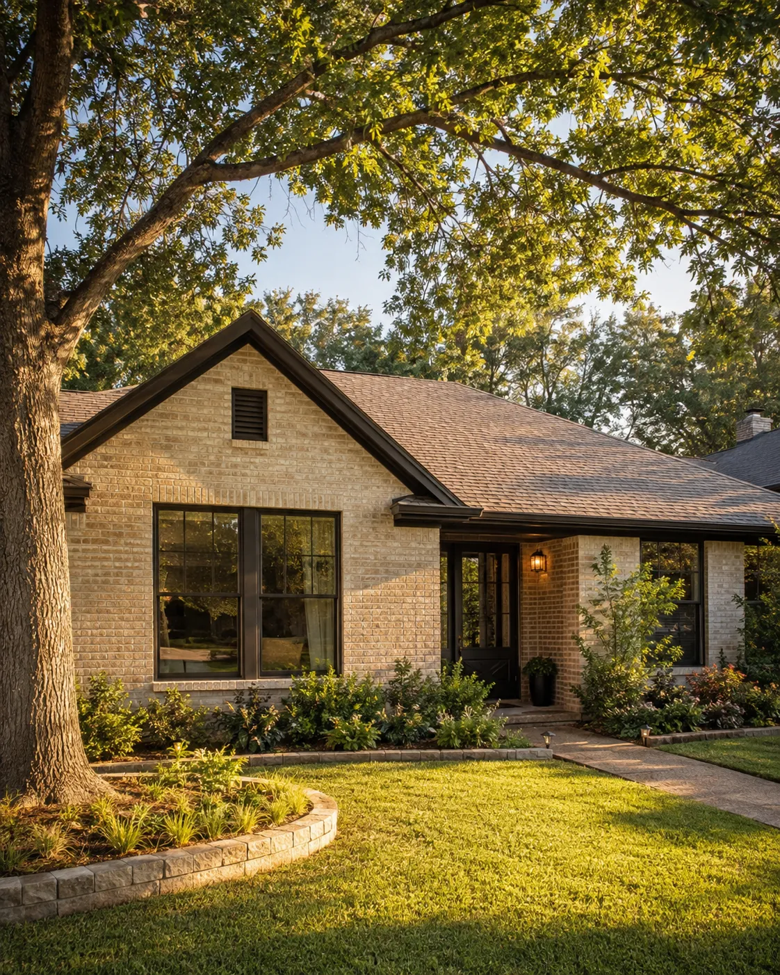 Brick ranch home under a mature oak in North Texas