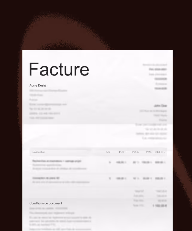French invoice from Acme Design to John Doe with itemized charges, quantities, prices, and tax details.