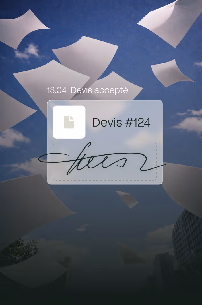 Feuilles volantes dans un ciel bleu en arrière-plan, avec une fenêtre de notification indiquant « 13:04 Devis accepté » et un document signé intitulé Devis #124.