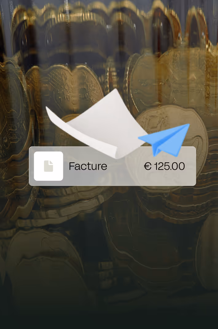 Icône d'une facture avec un billet bleu et montant de 125 euros devant un fond de pièces de monnaie empilées.