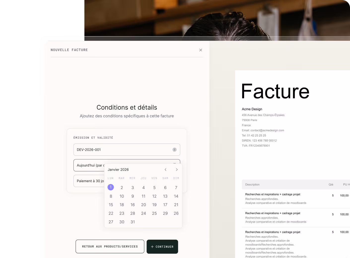 Écran de création de facture en français montrant détails, calendrier et options de paiement.