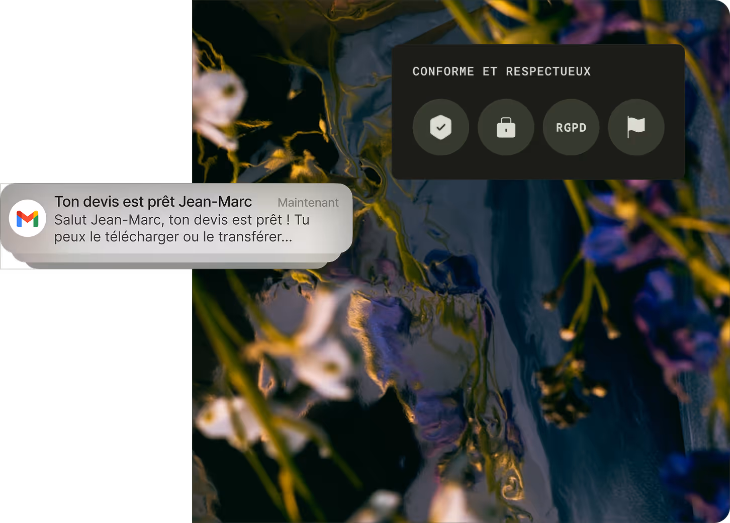 Notification Gmail en français annonçant que le devis de Jean-Marc est prêt à télécharger ou transférer.