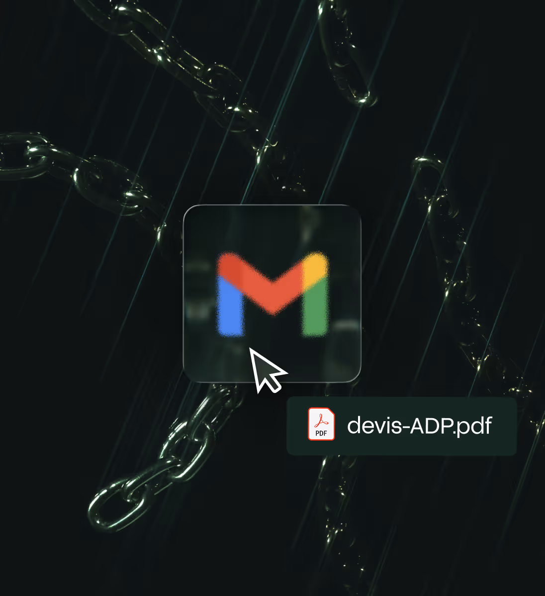Curseur devant le logo Gmail et un fichier PDF nommé devis-ADP.pdf sur un fond avec chaînes métalliques.