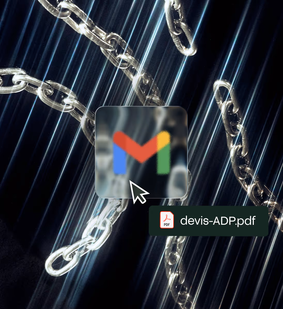 Curseur cliquez sur l'icône Gmail avec un fichier PDF nommé devis-ADP.pdf sur fond de chaînes métalliques.