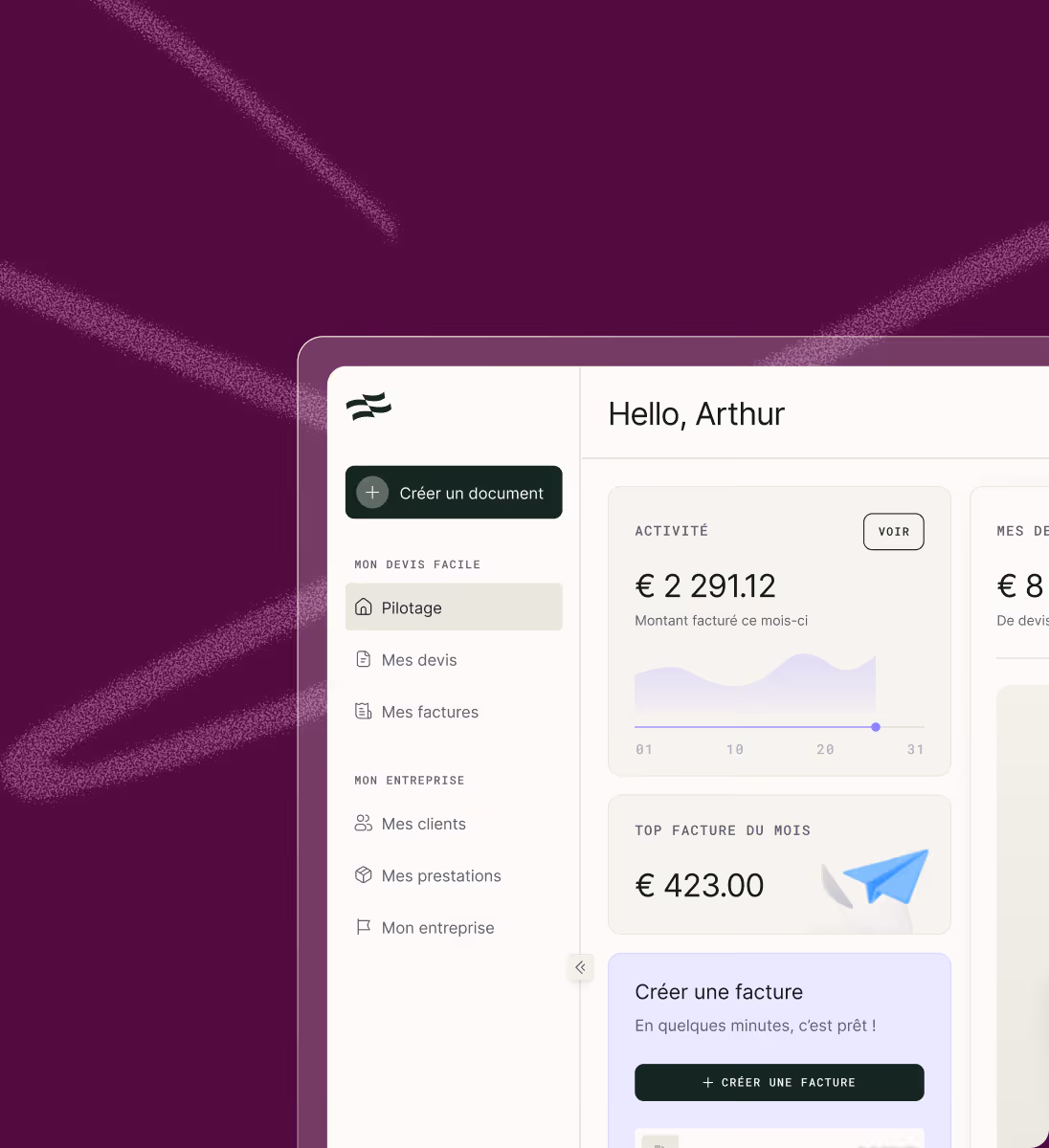 Interface d'une application de facturation en français avec données financières et options de gestion.