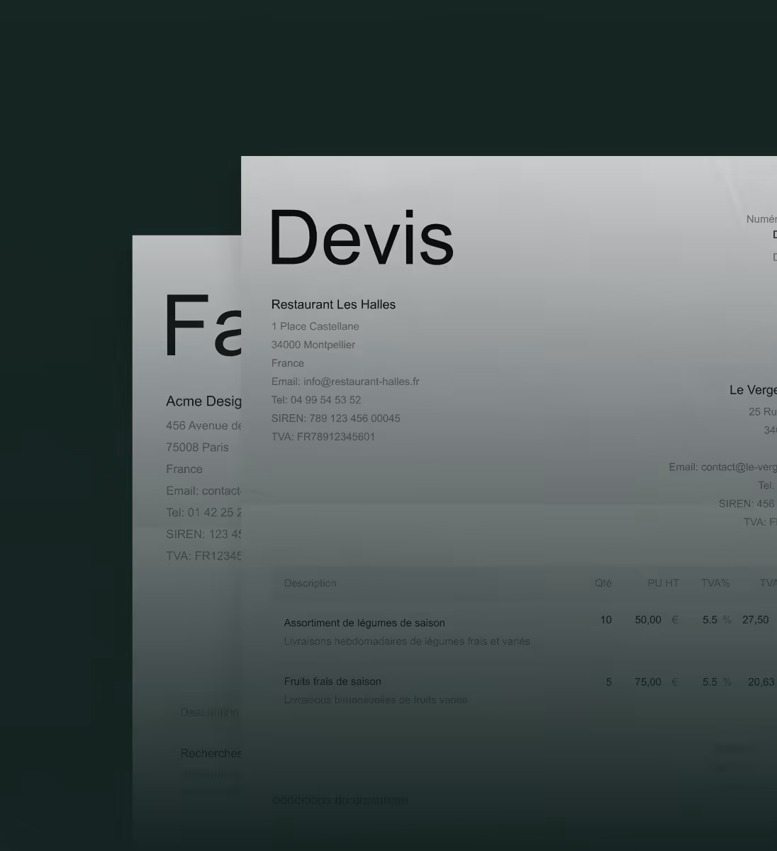 Devis pour Restaurant Les Halles à Montpellier avec description et prix d'assortiment de légumes et fruits frais.