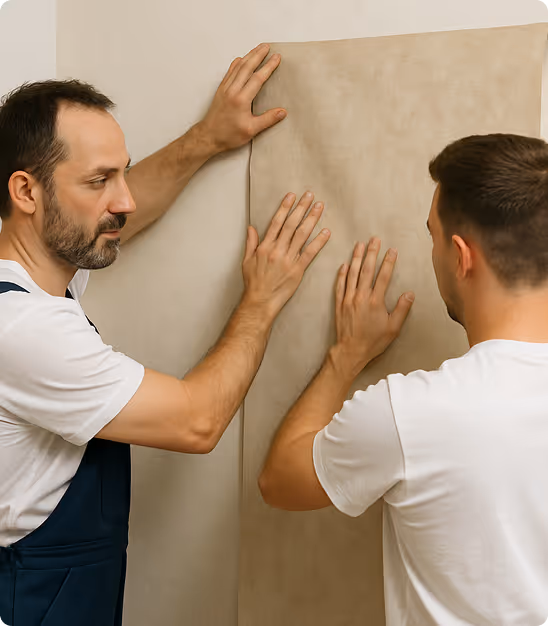 Deux hommes posent soigneusement du papier peint beige sur un mur.