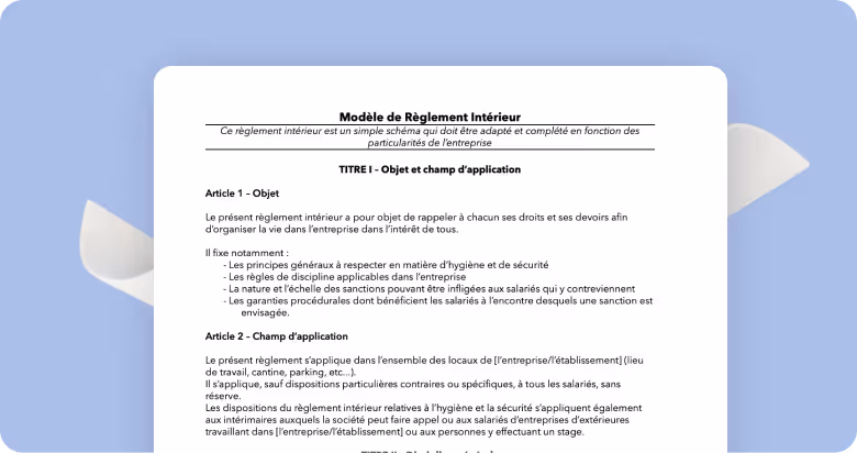 Document titled Modèle de Règlement Intérieur detailing company rules on rights, duties, hygiene, and security.