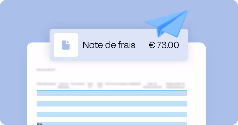 Note de frais affichant un total de 73 euros avec une icône de papier et un avion en papier bleu.