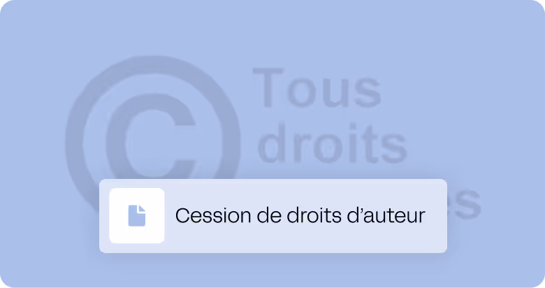 Icône de document avec texte Cession de droits d’auteur sur fond bleu et symbole copyright flou.