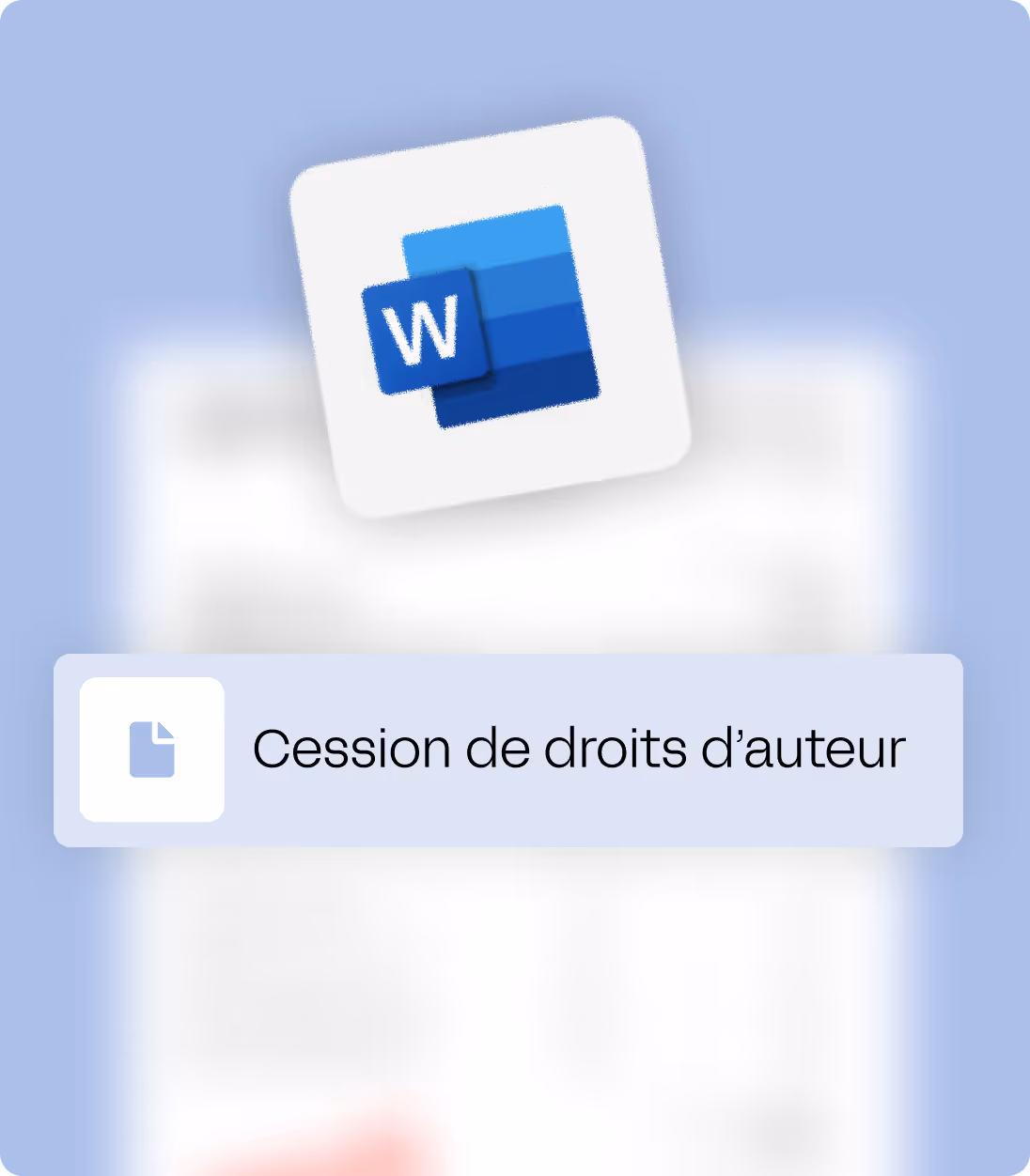 Icône du document Word avec le texte « Cession de droits d’auteur » sur fond bleu flou.