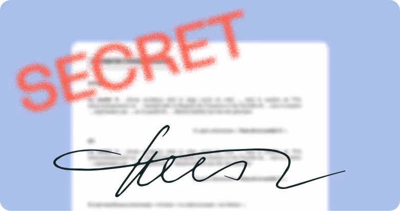 Document signé avec le mot SECRET en rouge flou sur fond bleu.