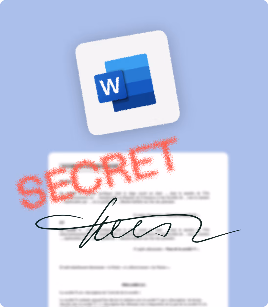 Icône Microsoft Word au-dessus d'un document affichant un tampon rouge 'SECRET' et une signature.